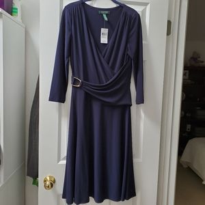 NWT Ralph Lauren Navy Faux Wrap Draped Dress 10